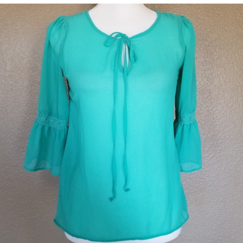 AMBIANCE Women's Sheer Sea Green Blouse with Tie Neck